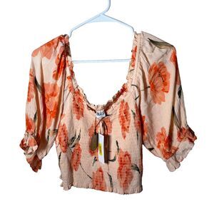 Bila 77 Top Women's Large Orange Floral Smocked Short Sleeve Cropped Top NWT